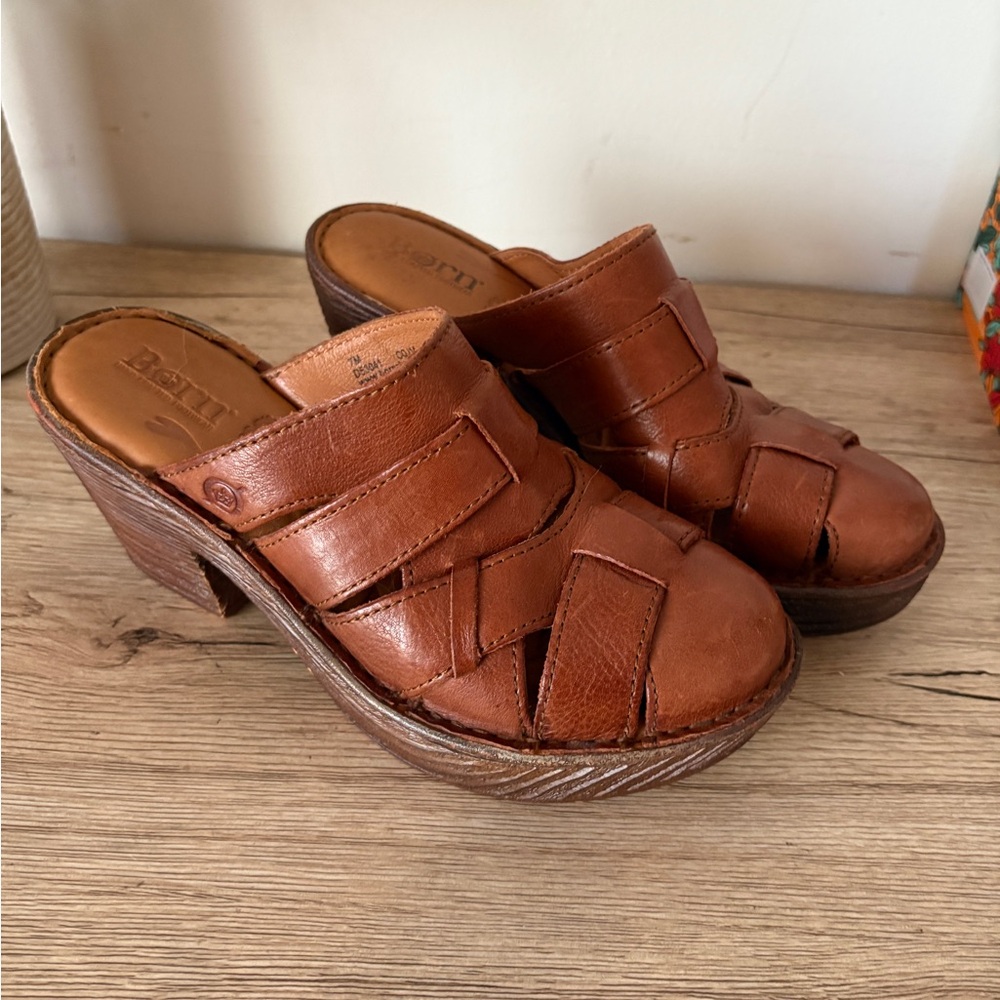 Born Tan Leather Woven Platform Slide Clogs